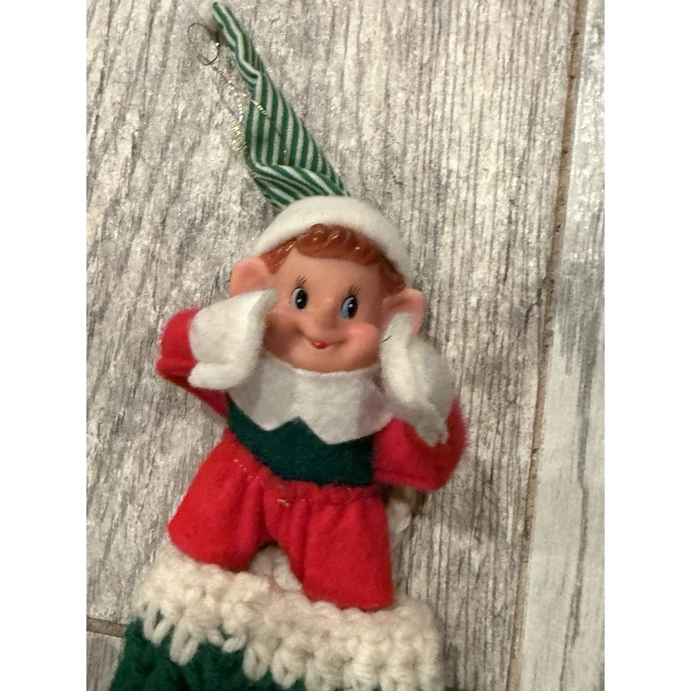 Vintage Pixie Santa Elf Knee Hugger Crochet Stocking Christmas Kitschy Rubber